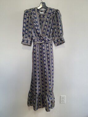 Sandro Navy Blue Printed Silk Wrap Around Midi Dress